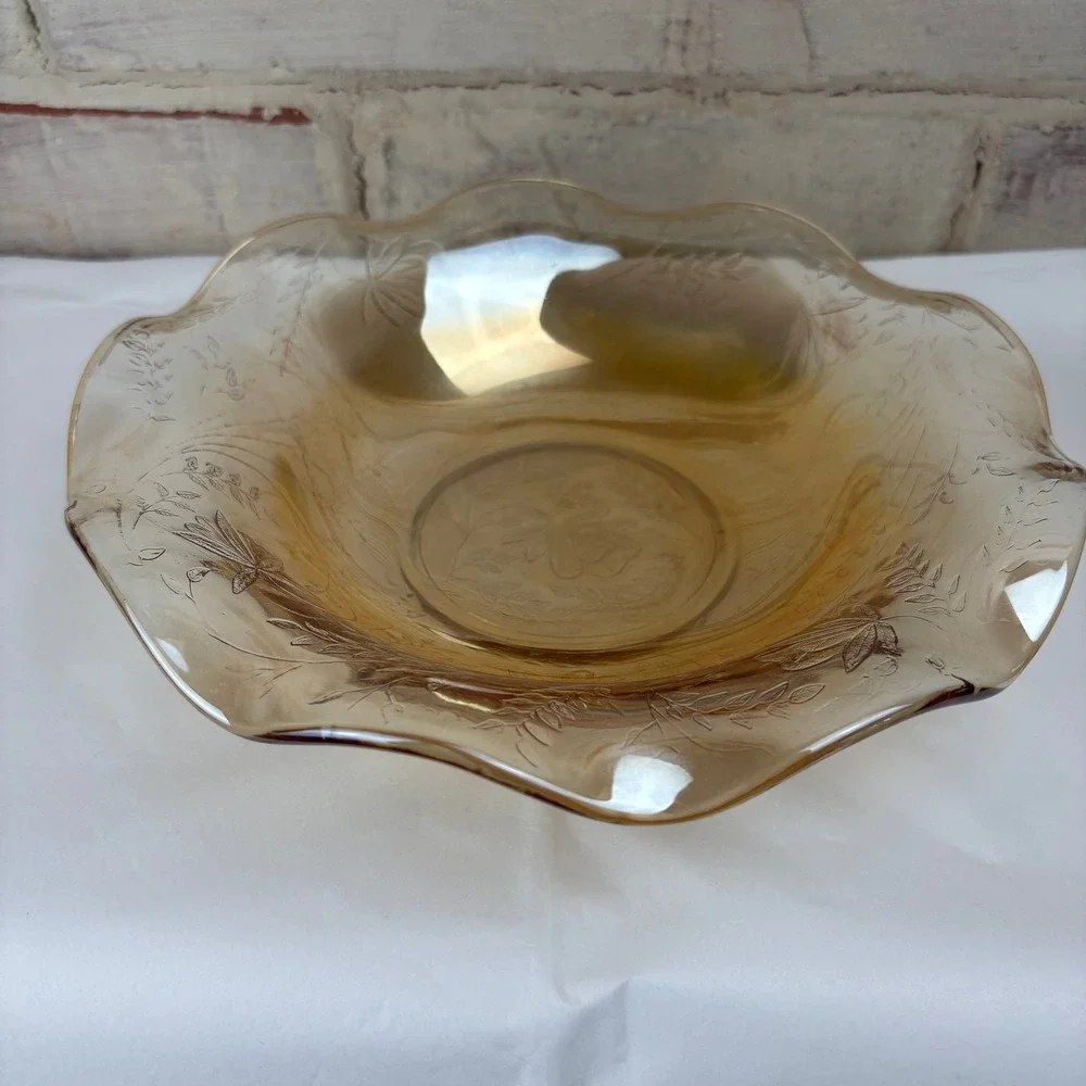Vintage Amber Carnival Glass‎ Bowl — Raised Floral Pressed Pattern Scrolled Edge